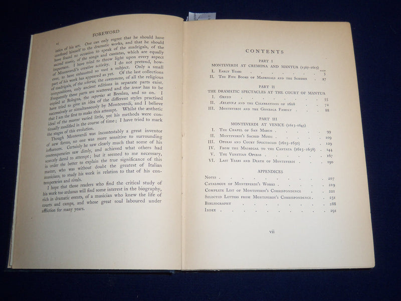 1926 MONTEVERDI HIS LIFE & WORK BOOK BY HENRY PRUNIERES & PROGRAM - KD 1417B