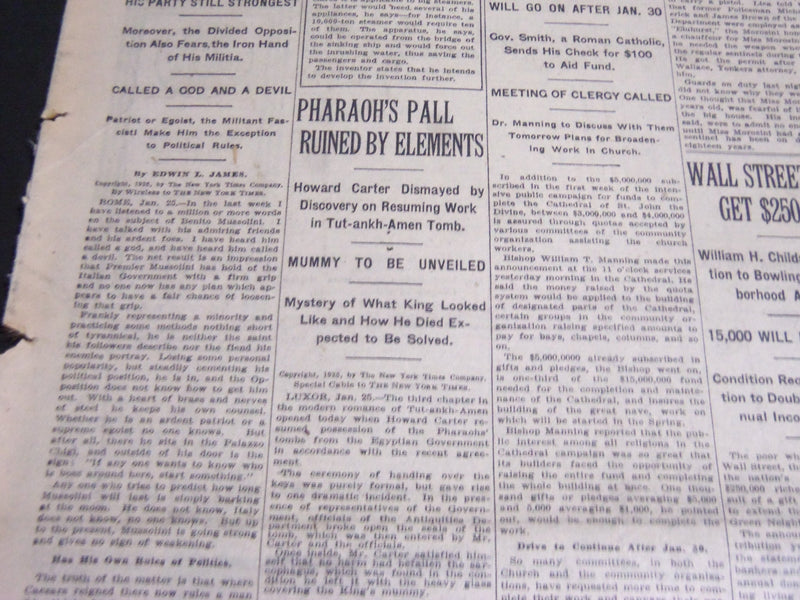1925 JANUARY 26 NEW YORK TIMES - PHARAOH'S PALL RUINED BY ELEMENTS- NT 6953