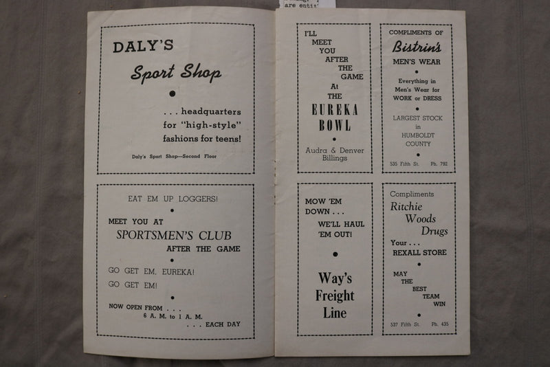 1943 EUREKA HIGH SCHOOL FOOTBALL PROGRAMS - LOT OF 3 - K 3445