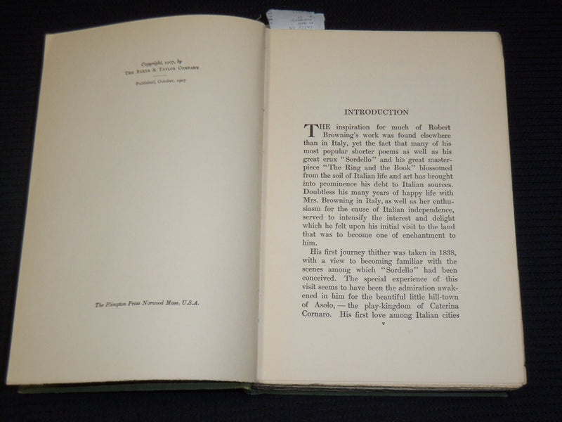 1907 BROWNING'S ITALY HARDCOVER BOOK BY HELEN ARCHIBALD CLARK - KD 9413