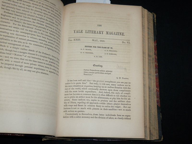 1857-1858 YALENSIA THE YALE LITERARY MAGAZINE BOUND VOLUME NO. 23 - KD 6042
