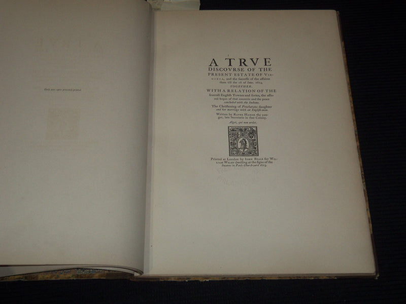 1615 A TRUE DISCOURSE OF THE PRESENT ESTATE OF VIRGINIA VOLUME - HAMOR - Z 242
