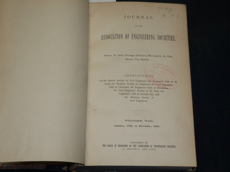 1889 ASSOCIATION OF ENGINEERING SOCIETIES JOURNAL BOUND VOLUME NO. 8 - KD 5931