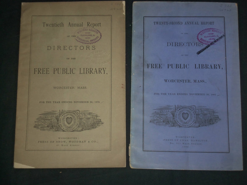 1879-81 FREE PUBLIC LIBRARY DIRECTORS REPORT - WORCESTER, MA - LOT OF 2 - O 226C