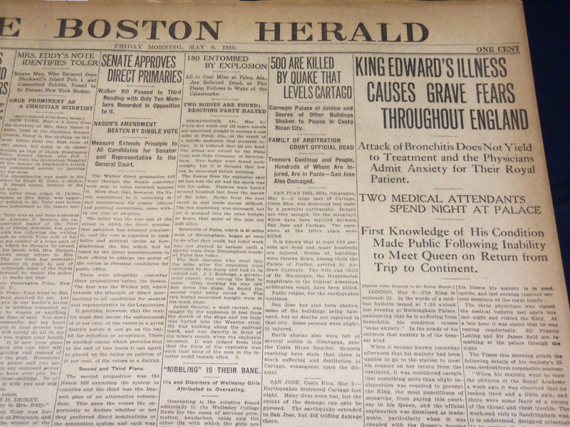 1910 MAY 6 THE BOSTON HERALD - KING EDWARD'S ILLNESS CAUSES GRAVES FEARS- BH 355