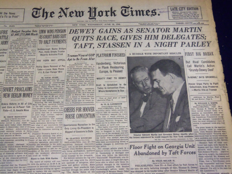 1948 JUNE 23 NEW YORK TIMES - DEWEY GAINS, MARTIN QUITS - NT 3775