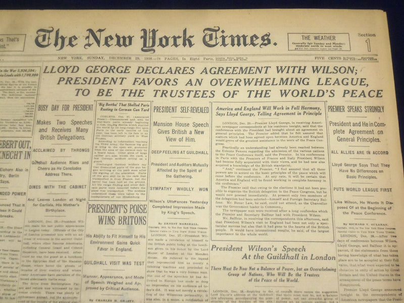 1918 DECEMBER 29 NEW YORK TIMES - LLOYD GEORGE AGREEMENT WITH WILSON - NT 9172