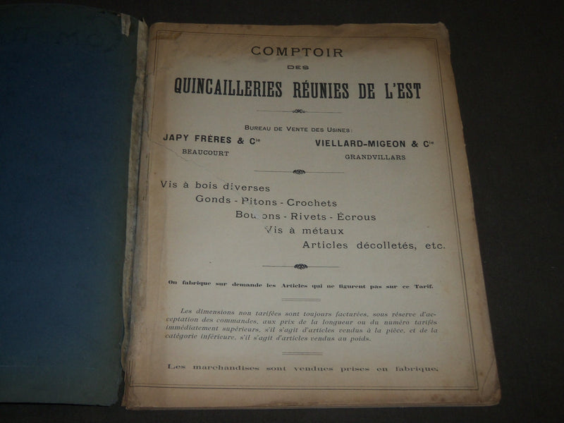 1915 JAN COMPTOIR DES QUINCAILLERIES REUNIES DE L'EST FRENCH CATALOGUE - FR 450