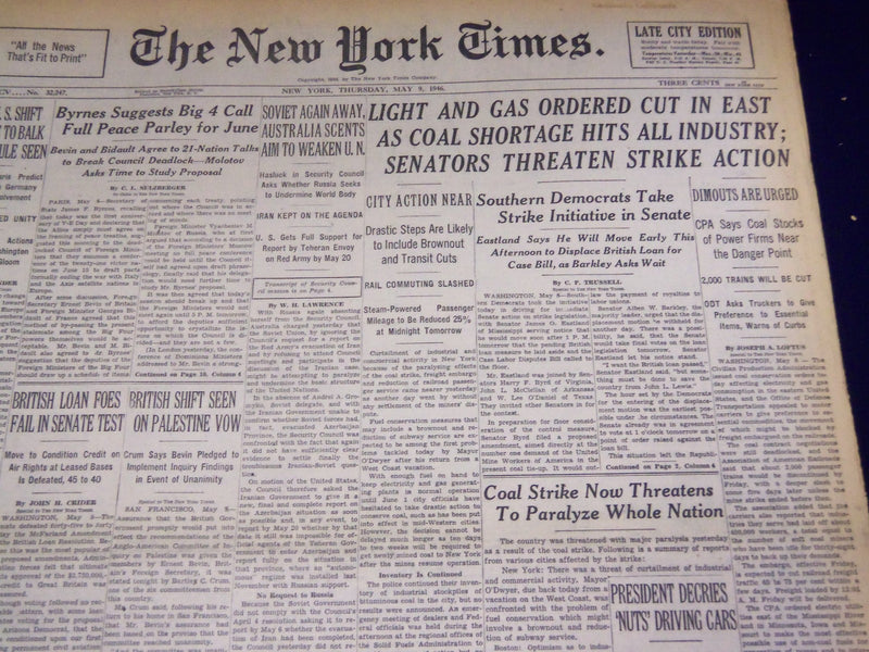 1946 MAY 9 NEW YORK TIMES - LIGHT & GAS ORDERED CUT - NT 3135