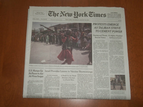 2021 AUGUST 19 NEW YORK TIMES -PROTESTS EMERGE AS TALIBAN STRIVE TO CEMENT POWER