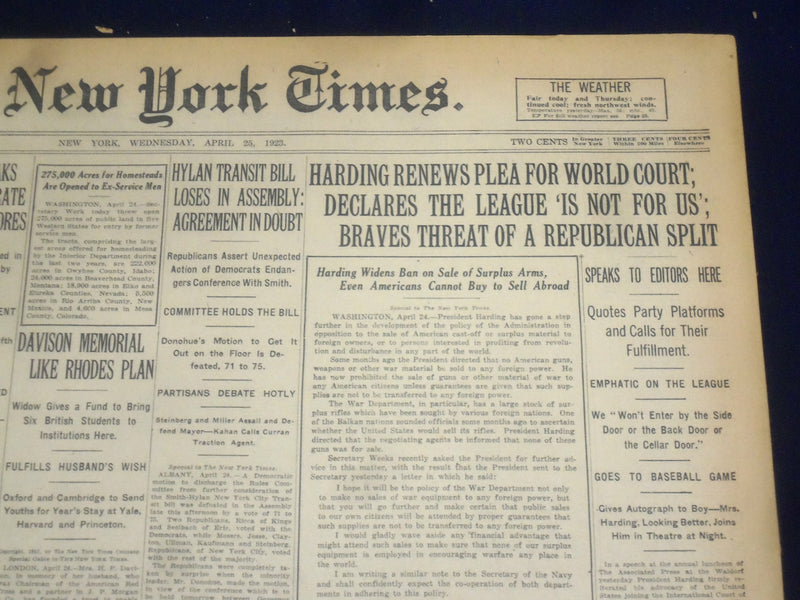 1923 APRIL 25 NEW YORK TIMES - HARDING RENEWS PLEA FOR WORLD COURT - NT 8351