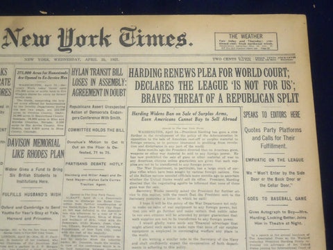 1923 APRIL 25 NEW YORK TIMES - HARDING RENEWS PLEA FOR WORLD COURT - NT 8351