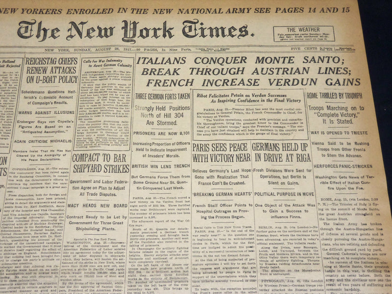 1917 AUGUST 26 NEW YORK TIMES - ITALIANS CONQUER MONTE SANTO - NT 8520