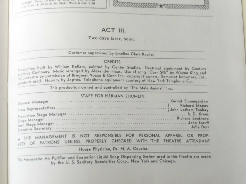 1940 MAY 20 PLAYBILL PROGRAM - MALE ANIMAL - DON DEFORE - J 6477