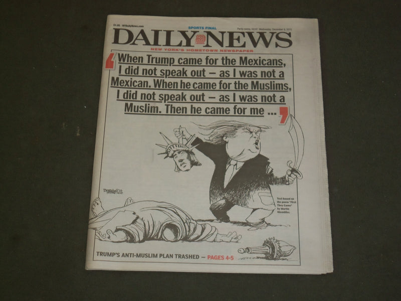 2015 DECEMBER 9 NEW YORK DAILY NEWS - TRUMP'S CALL TO BAN MUSLIMS