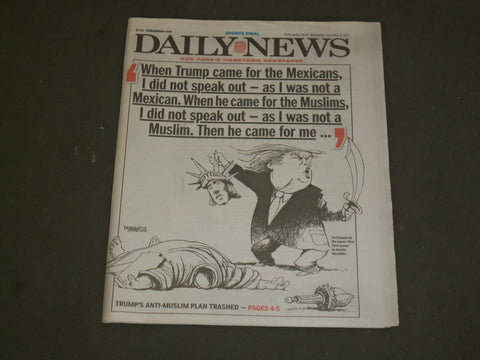2015 DECEMBER 9 NEW YORK DAILY NEWS - TRUMP'S CALL TO BAN MUSLIMS