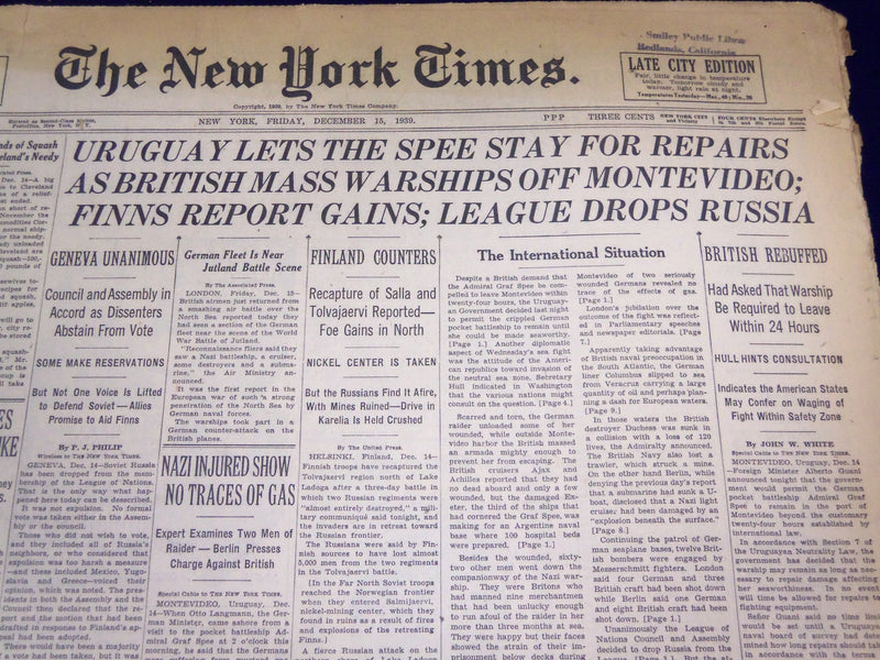 1939 DEC 15 NEW YORK TIMES - URUGUAY LETS THE SPEE STAY FOR REPAIRS - NT 580