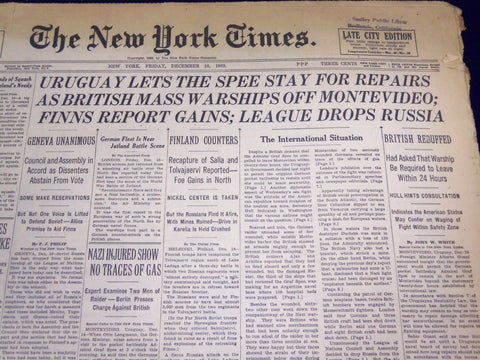 1939 DEC 15 NEW YORK TIMES - URUGUAY LETS THE SPEE STAY FOR REPAIRS - NT 580