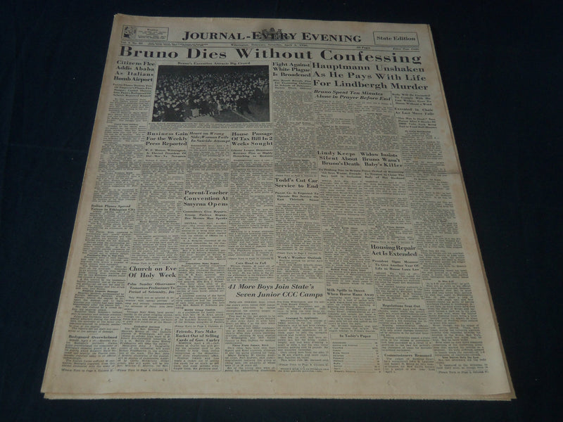 1936 APRIL 4 WILMINGTON JOURNAL NEWSPAPER - BRUNO DIES WITHOUT CONFESS - NT 7231
