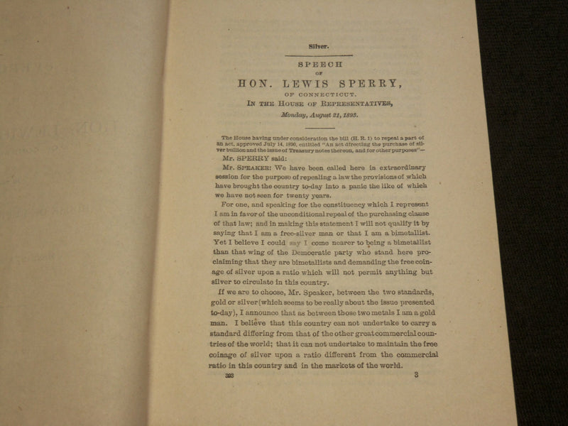 1893 SPEECH OF HON. LEWIS SPERRY OF CONNECTICUT SOFTCOVER BOOK - J 6219