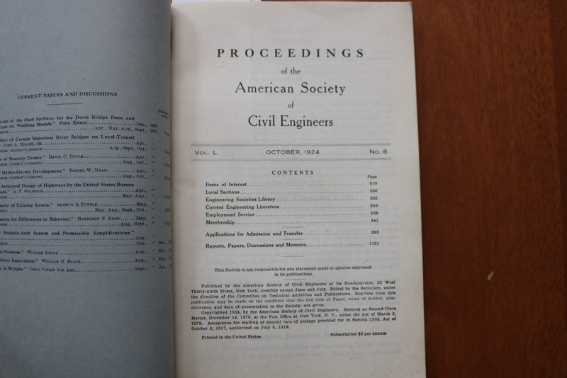 1924 OCTOBER AMERICAN SOCIETY OF CIVIL ENGINEERS PROCEEDINGS- SOFTCOVER - K 3244