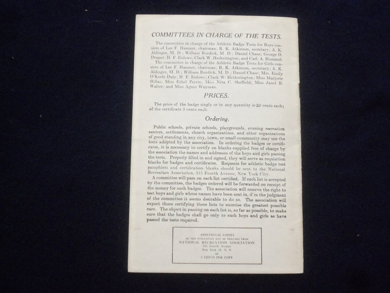 1920'S ATHLETIC BADGE TESTS FOR BOYS AND GIRLS SOFTCOVER BOOK - J 9616