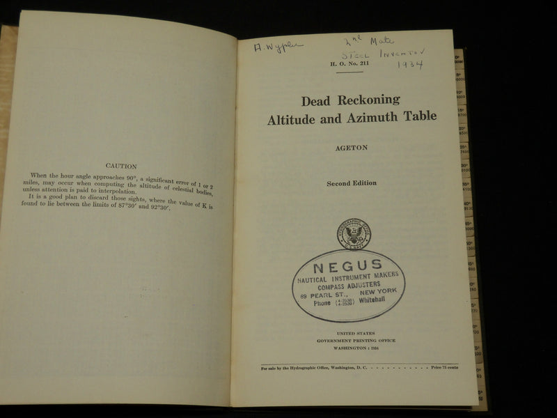 1934 U. S. NAVY DEAD RECKONING ALTITUDE & AZIMUTH TABLE - SECOND EDITION- J 5880