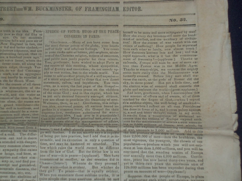 1849 SEPTEMBER 29 MASSACHUSETTS PLOUGHMAN NEWSPAPER- VICTOR HUGO SPEECH- NP 5173