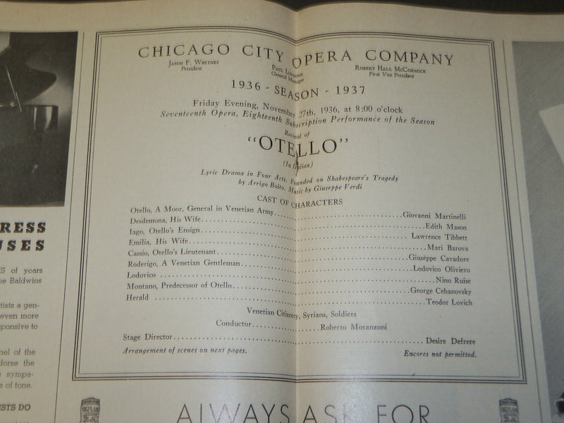 1936 NOVEMBER 27 CHICAGO CITY OPERA COMPANY PROGRAM - LAWRENCE TIBBETT - J 3705