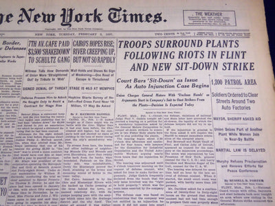 1937 FEB 2 NEW YORK TIMES TROOPS SURROUND PLANTS FOLLOWING RIOTS FLINT - NT 1291