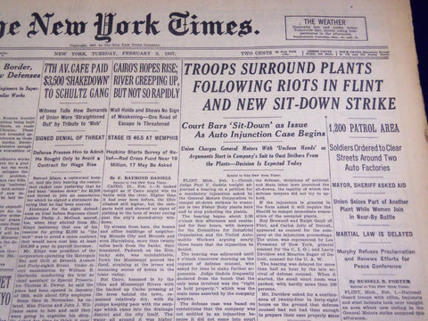 1937 FEB 2 NEW YORK TIMES TROOPS SURROUND PLANTS FOLLOWING RIOTS FLINT - NT 1291