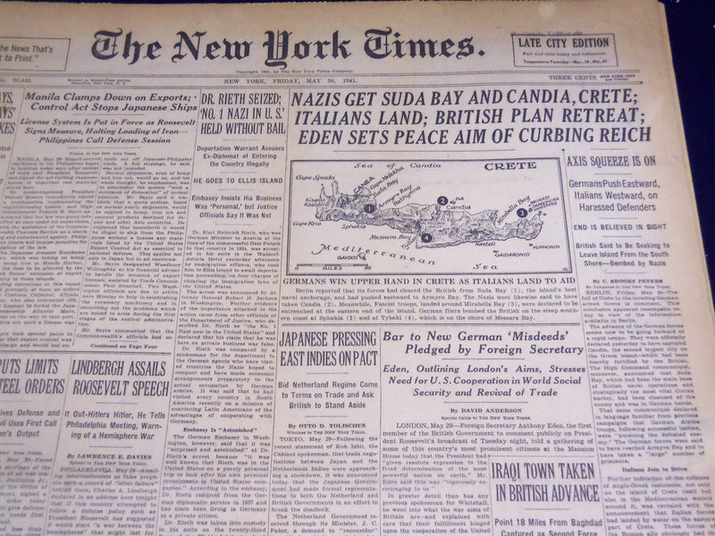 1941 MAY 30 NEW YORK TIMES - NAZIS GET SUDA BAY AND CANDIA, CRETE - NT 1078