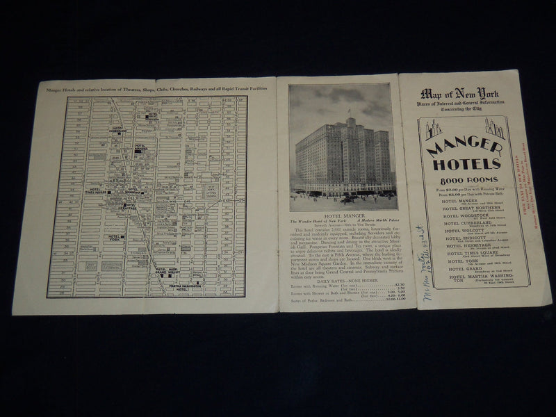1920'S MANAGER HOTELS - FOLD-OUT MAP OF NEW YORK - J 8831