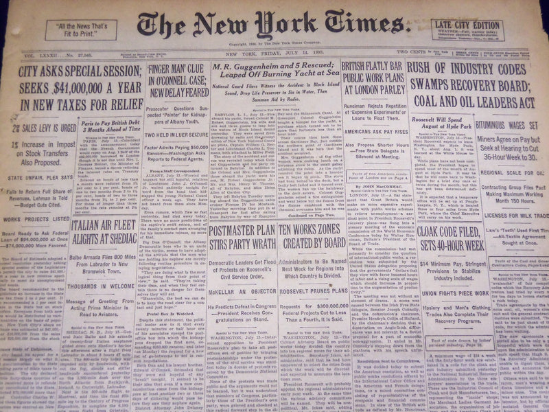 1933 JULY 14 NEW YORK TIMES - GUGGENHEIM LEAPS FROM BURNING YACHT - NT 3865