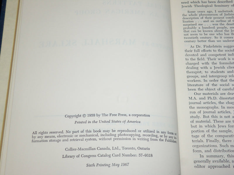 1967 THE JEWS SOCIAL PATTERNS OF AN AMERICAN GROUP BOOK BY SKLARE - KD 7329