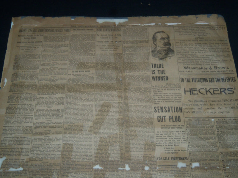 1892 NOVEMBER 9 PHILADELPHIA RECORD NEWSPAPER - CLEVELAND WINS AGAIN - NT 7383
