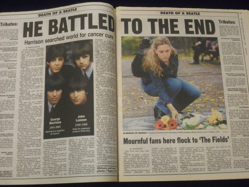 2001 DEC 1 NY POST NEWSPAPER LOT OF 15 - GEORGE HARRISON FINAL DAY'S - NP 1825