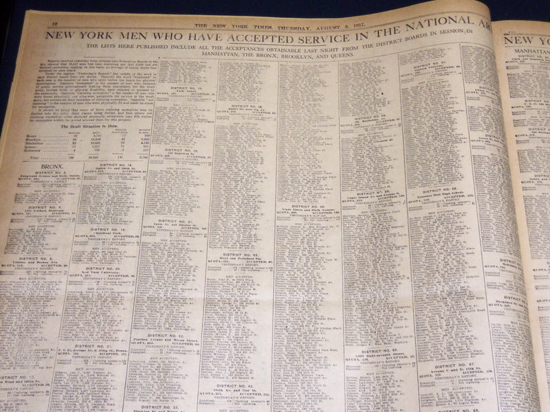 1917 AUGUST 9 NEW YORK TIMES - DRAFT CALL FOR 251,900 MEN - NT 8506