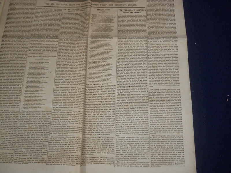 1857 APRIL 18 THE SATURDAY EVENING POST NEWSPAPER - THE ATLANTIC CABLE - NP 5055