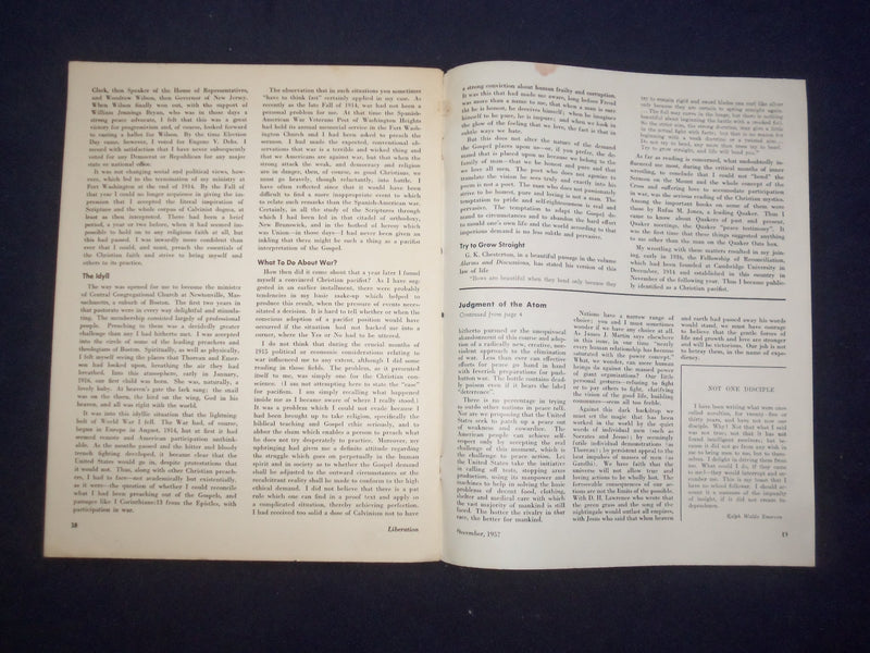 1957 DECEMBER LIBERATION MAGAZINE-THE SPACE AGE-THE JUDGEMENT OF THE ATOM-J 9736