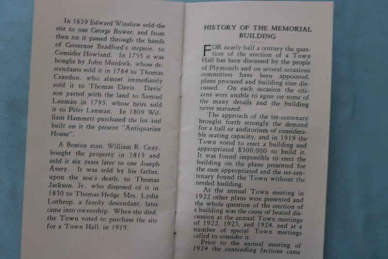 1926 APRIL 19 PLYMOUTH MEMORIAL BUIDLDING DEDICATION SOFTCOVER BOOKLET - K 3440