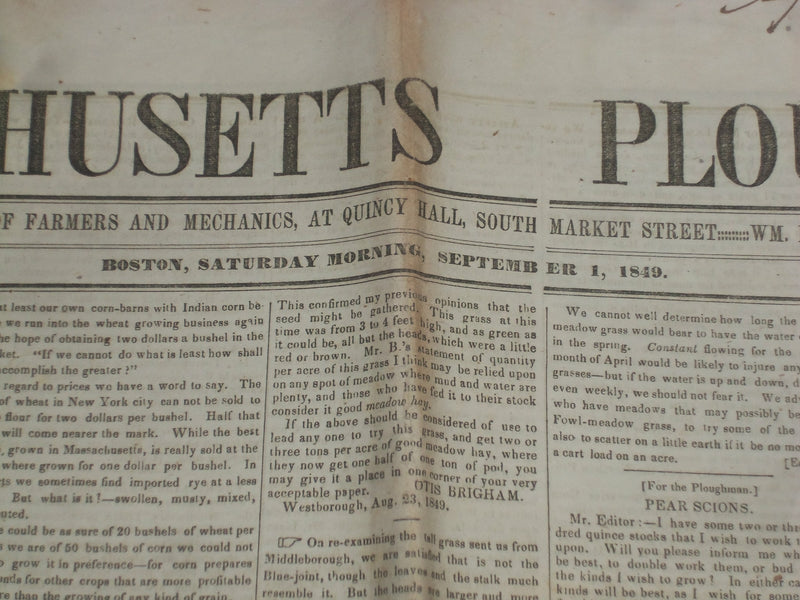 1849 SEPTEMBER 1 MASSACHUSETTS PLOUGHMAN NEWSPAPER - EARTH'S CRUST - NP 5172