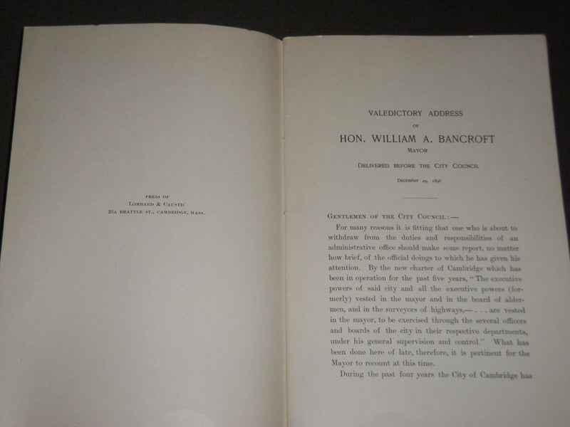 1896 DECEMBER 29 WILLIAM A. BANCROFT VALEDICTORY ADDRESS BOOK - J 3159