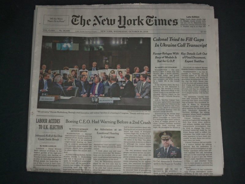 2019 OCT 30 NEW YORK TIMES-COLONEL TRIED TO FILL GAPS IN UKRAINE CALL TRANSCRIPT