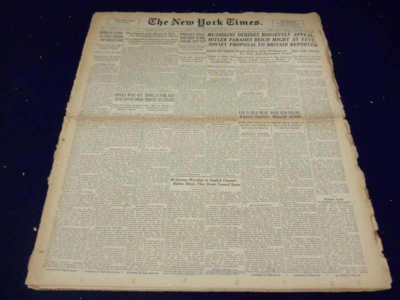 1939 APR 21 NEW YORK TIMES - MUSSOLINI DERIDES FDR HITLER PARADES REICH - NT 581
