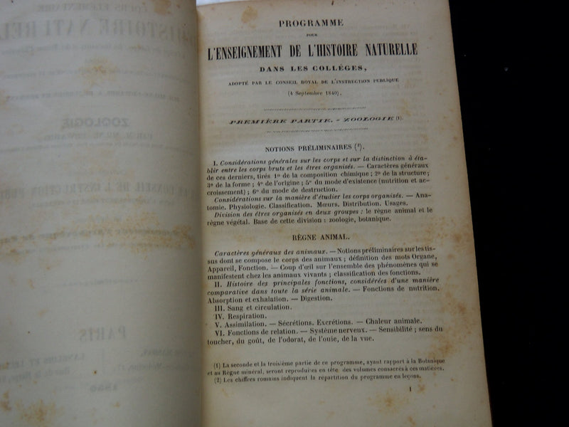 1850 COURS ELEMENTAIRE D'HISTOIRE NATURELLE FRENCH VOLUME - KD 7713