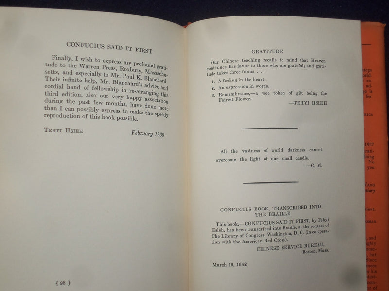 1943 CONFUCIUS SAID IT FIRST HARDCOVER BOOK - INSCRIBED BY TEHYI HSIEH - KD 8792