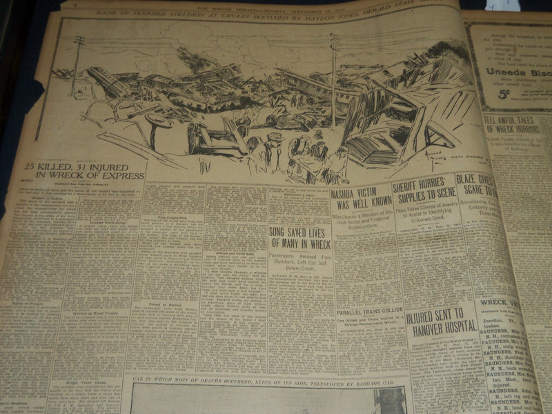 1907 SEPT 16 THE BOSTON HERALD - 25 KILLED IN TRAIN WRECK AT CANAAN - BH 239