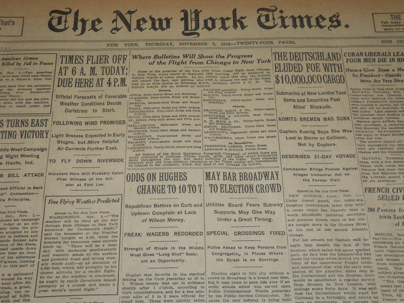 1916 NOVEMBER 2 NEW YORK TIMES - ODDS ON HUGHES CHANGE TO 10 TO 7 - NT 7681