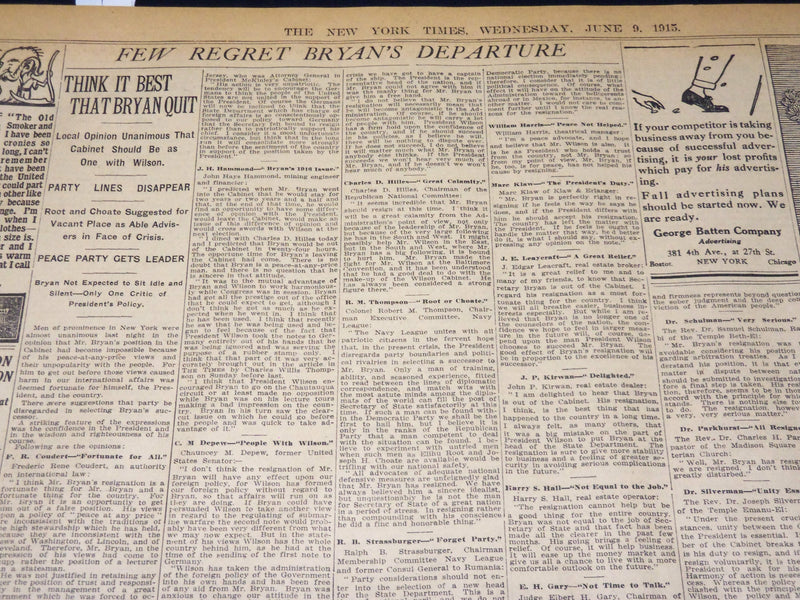 1915 JUNE 9 NEW YORK TIMES - BRYAN RESIGNS AS SACRETARY OF STATE - NT 7698